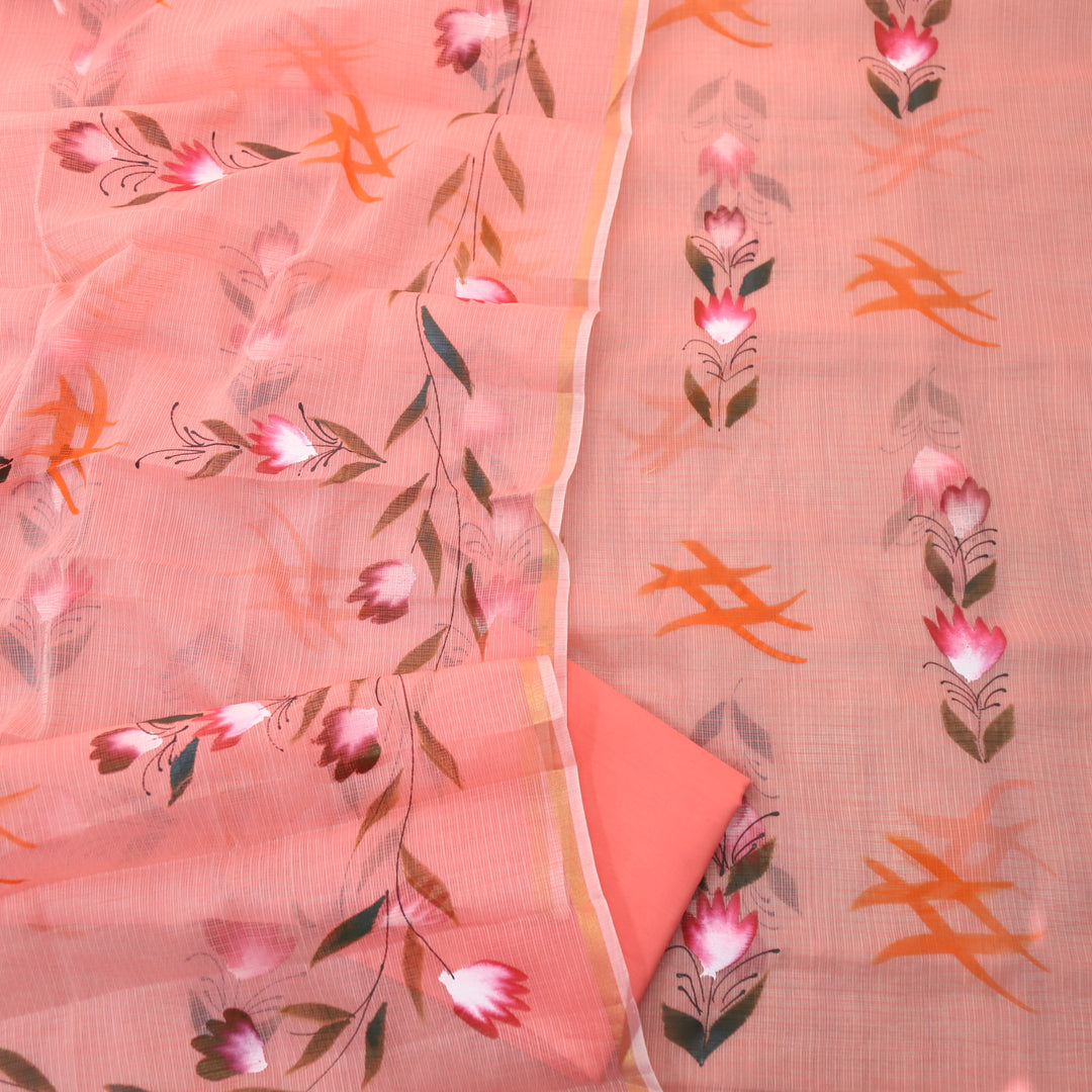 Udarri Coral Peach Floral Hand Painted Kota Doriya Suit Set