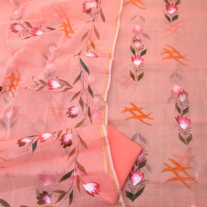 Udarri Coral Peach Floral Hand Painted Kota Doriya Suit Set