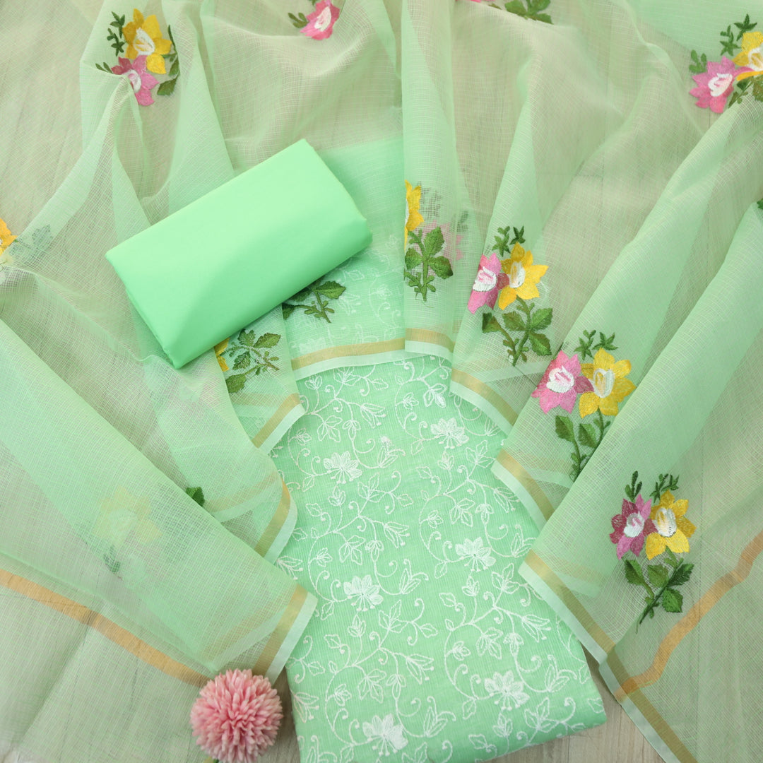 Udarri Parrot Green All Over Thread Work Kota Doriya Suit Set