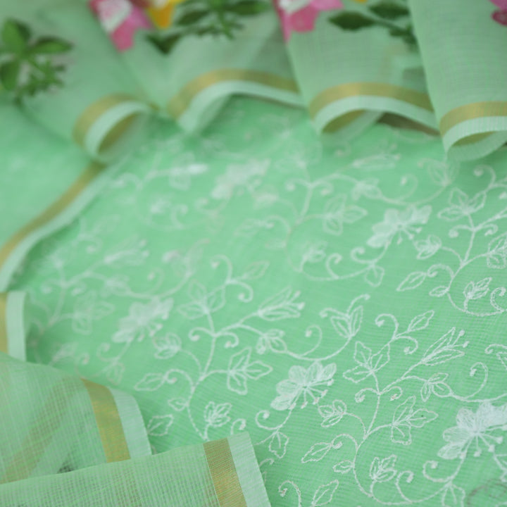 Udarri Parrot Green All Over Thread Work Kota Doriya Suit Set