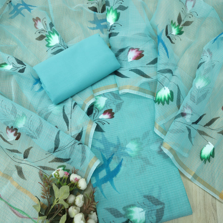 Udarri Sapphire Blue Floral Hand Painted Kota Doriya Suit Set