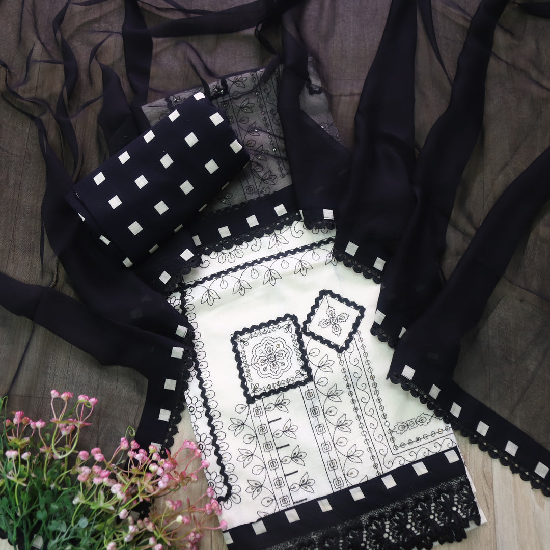 Paalki Beige with Black All Over Thread Work Cotton Suit Set