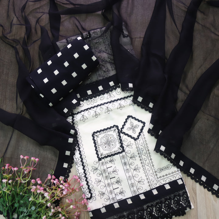 Paalki Beige with Black All Over Thread Work Cotton Suit Set