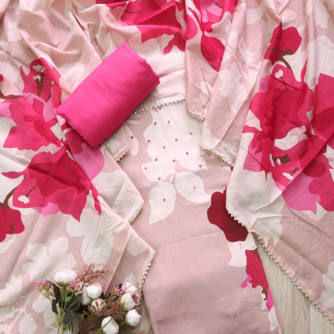 Khawab Blush Pink Floral Print French Knot Work Jam Cotton Suit Set
