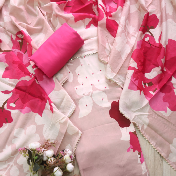 Khawab Blush Pink Floral Print French Knot Work Jam Cotton Suit Set
