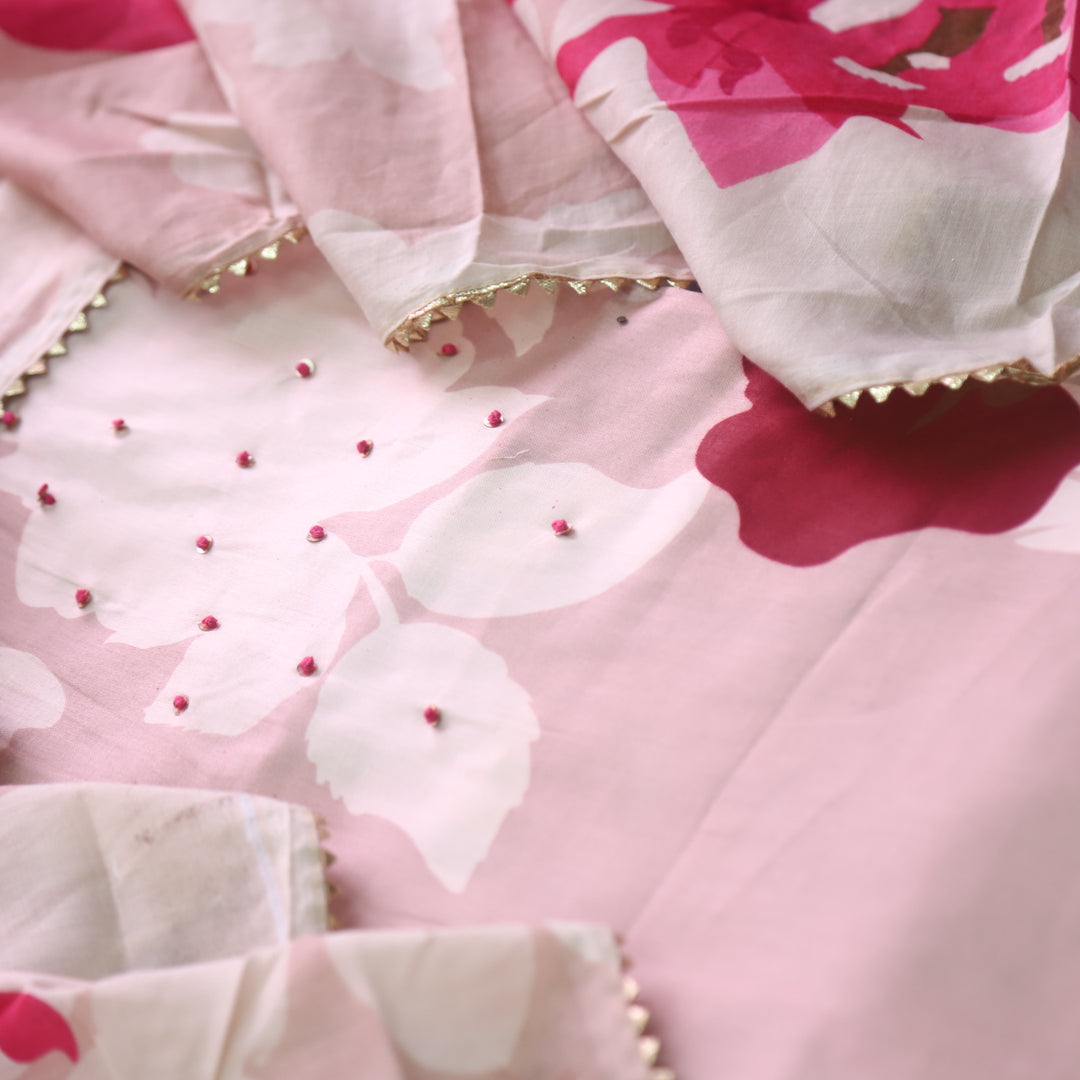 Khawab Blush Pink Floral Print French Knot Work Jam Cotton Suit Set