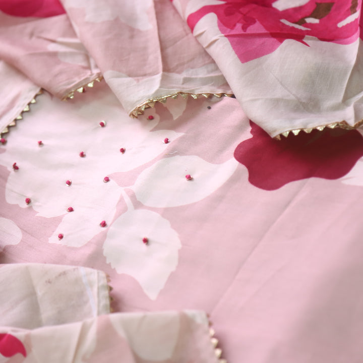Khawab Blush Pink Floral Print French Knot Work Jam Cotton Suit Set