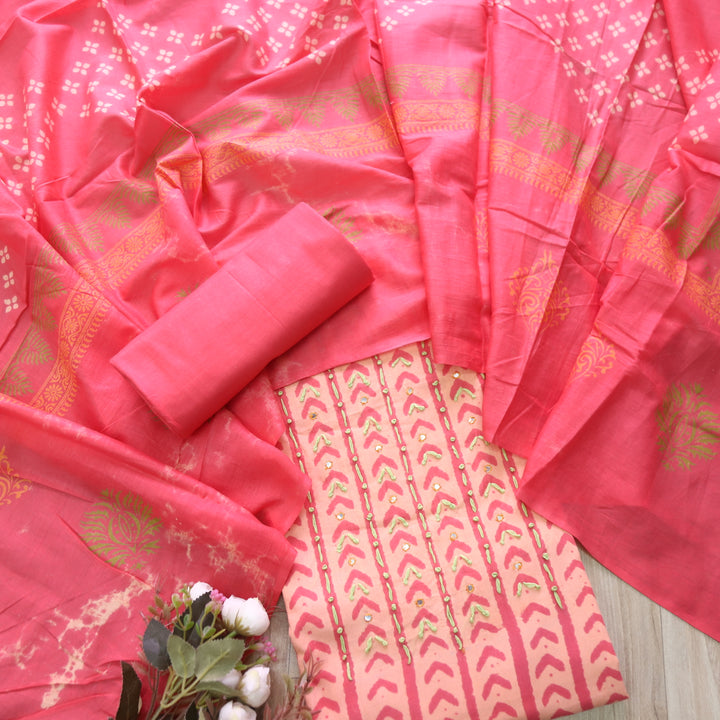 Udaari Rose Pink Thread Neck Work Printed Cotton Suit Set