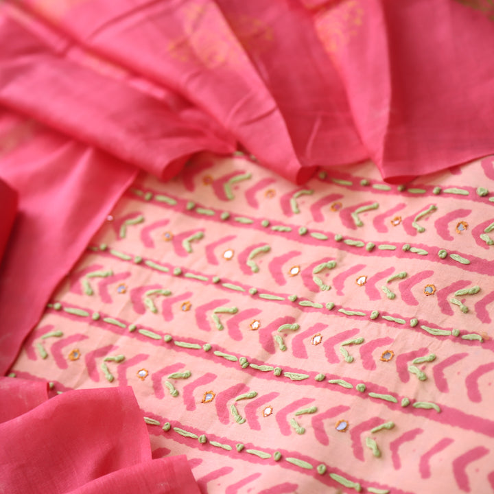 Udaari Rose Pink Thread Neck Work Printed Cotton Suit Set