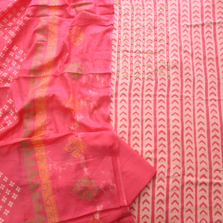 Udaari Rose Pink Thread Neck Work Printed Cotton Suit Set