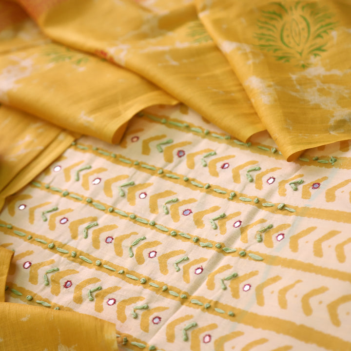 Udaari Pineapple Yellow Thread Neck Work Printed Cotton Suit Set