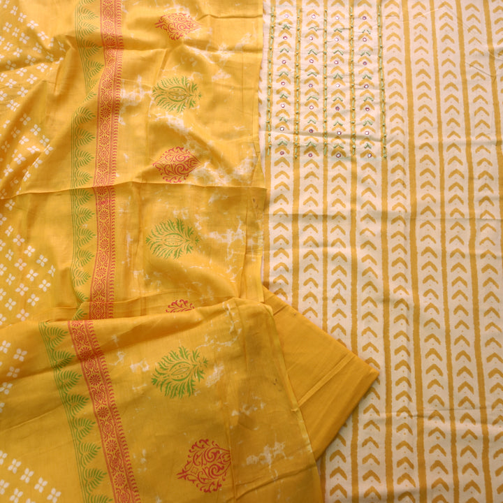 Udaari Pineapple Yellow Thread Neck Work Printed Cotton Suit Set
