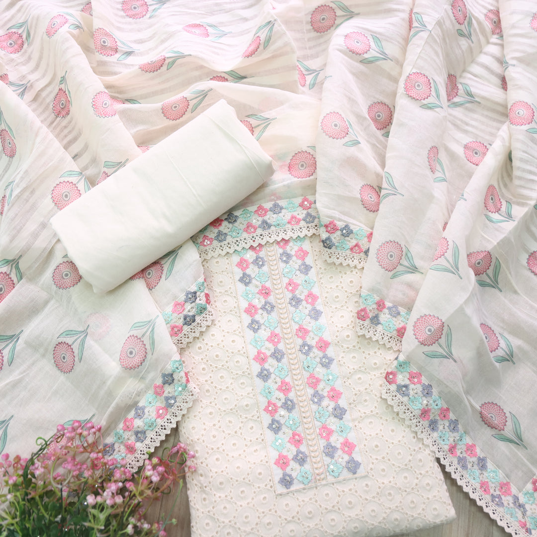 Diwani Cream Beige Thread Embroidered Patch Work Cotton Schiffli Suit Set