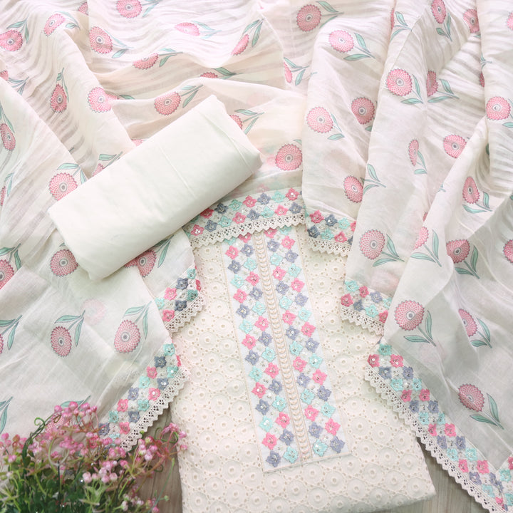 Diwani Cream Beige Thread Embroidered Patch Work Cotton Schiffli Suit Set