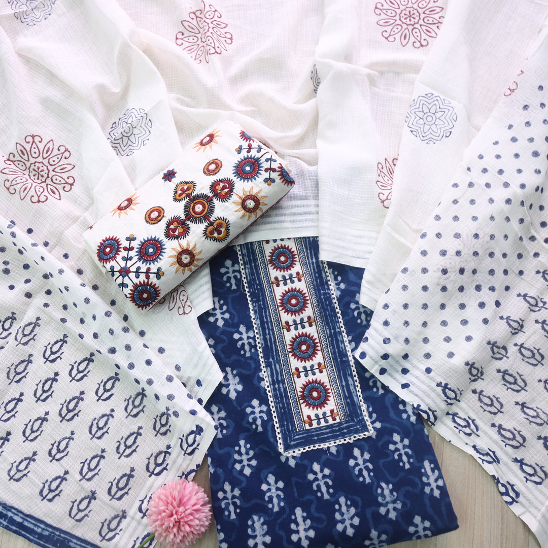 Udarri Indigo Blue Patch Work Dabu Printed Kutch Cotton Suit Set D3