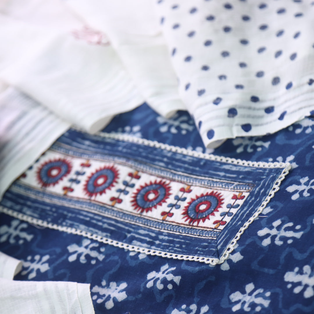 Udarri Indigo Blue Patch Work Dabu Printed Kutch Cotton Suit Set D3