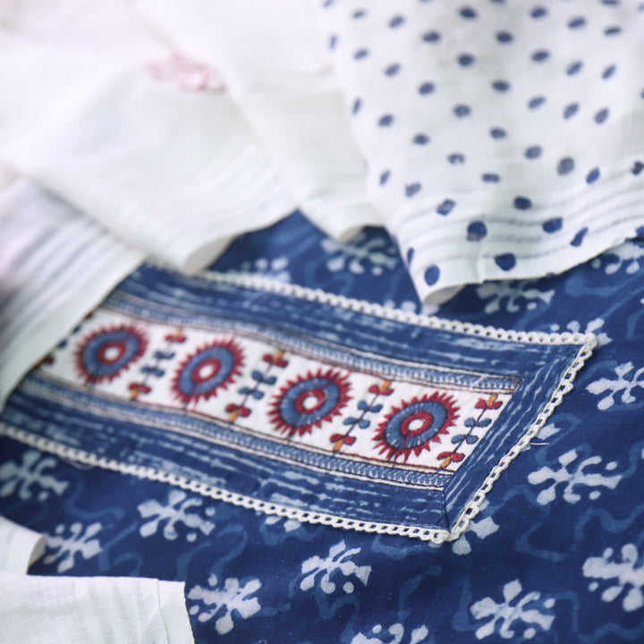 Udarri Indigo Blue Patch Work Dabu Printed Kutch Cotton Suit Set D3