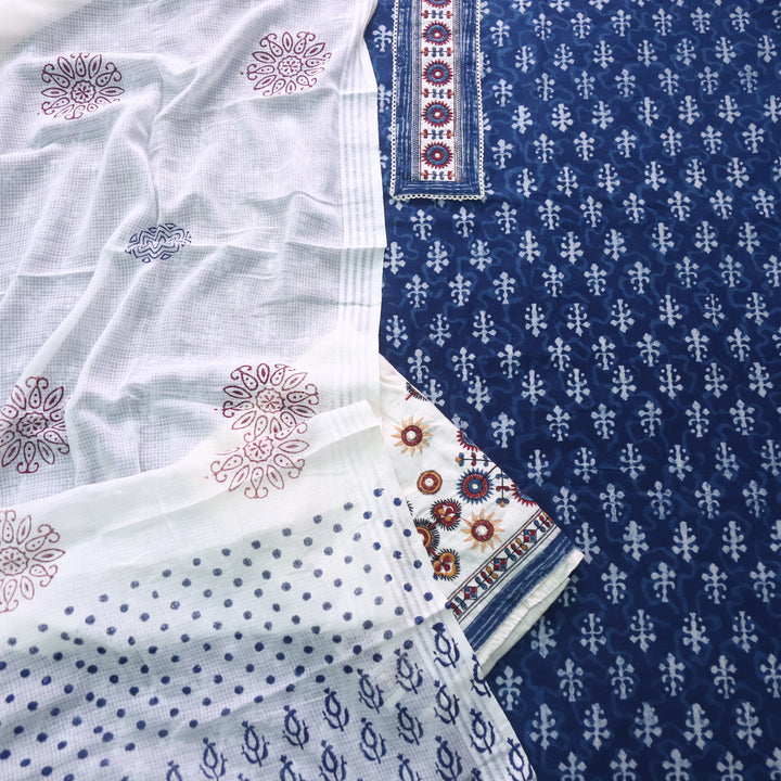 Udarri Indigo Blue Patch Work Dabu Printed Kutch Cotton Suit Set D3