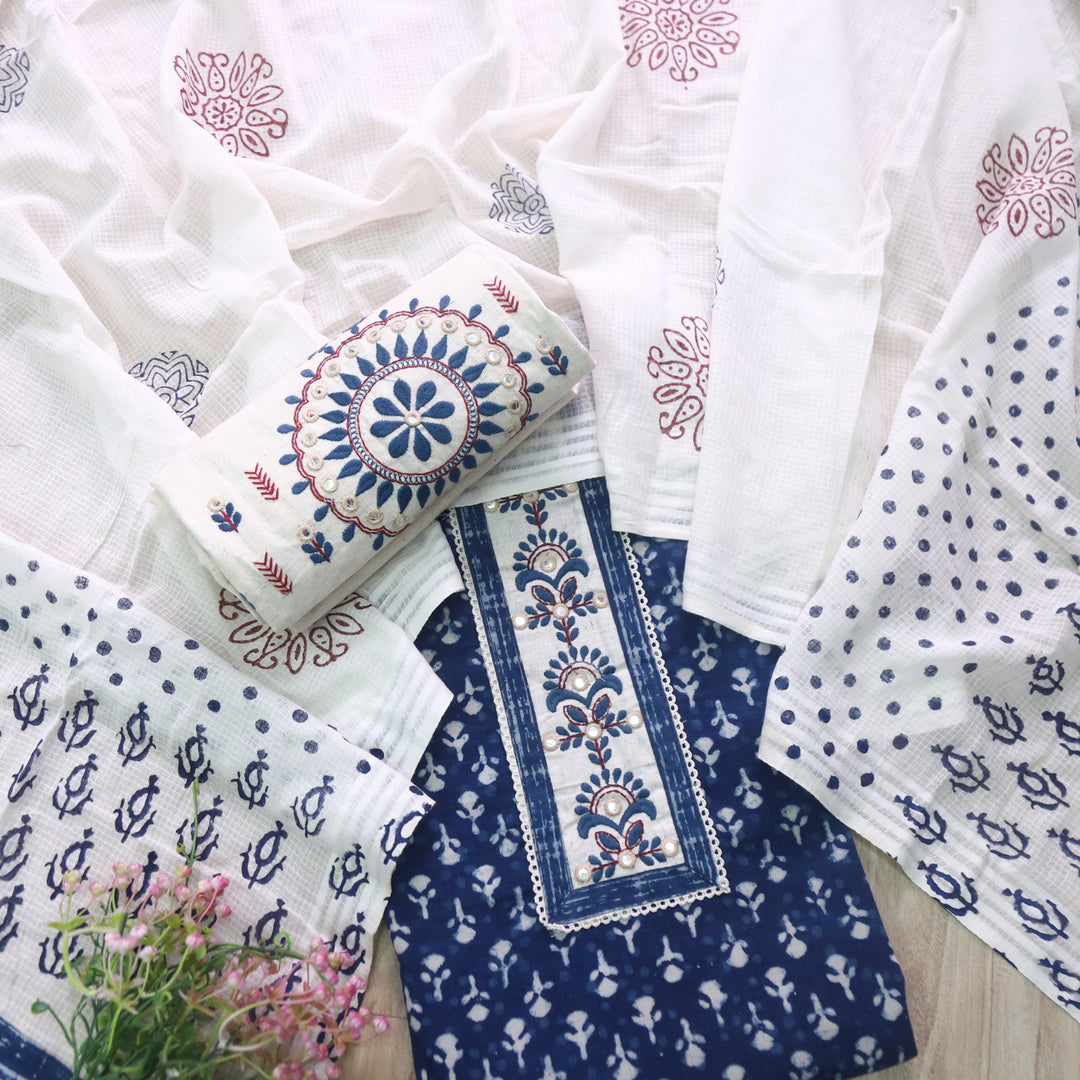 Udarri Indigo Blue Patch Work Dabu Printed Kutch Cotton Suit Set D4