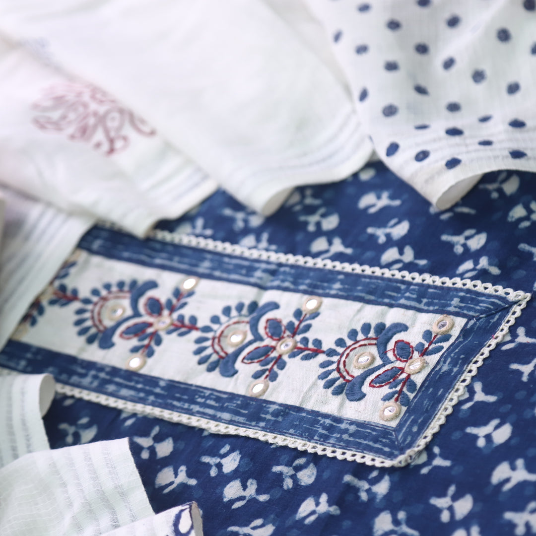 Udarri Indigo Blue Patch Work Dabu Printed Kutch Cotton Suit Set D4