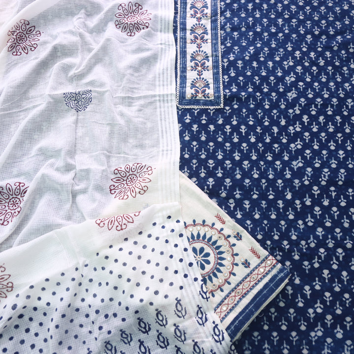 Udarri Indigo Blue Patch Work Dabu Printed Kutch Cotton Suit Set D4