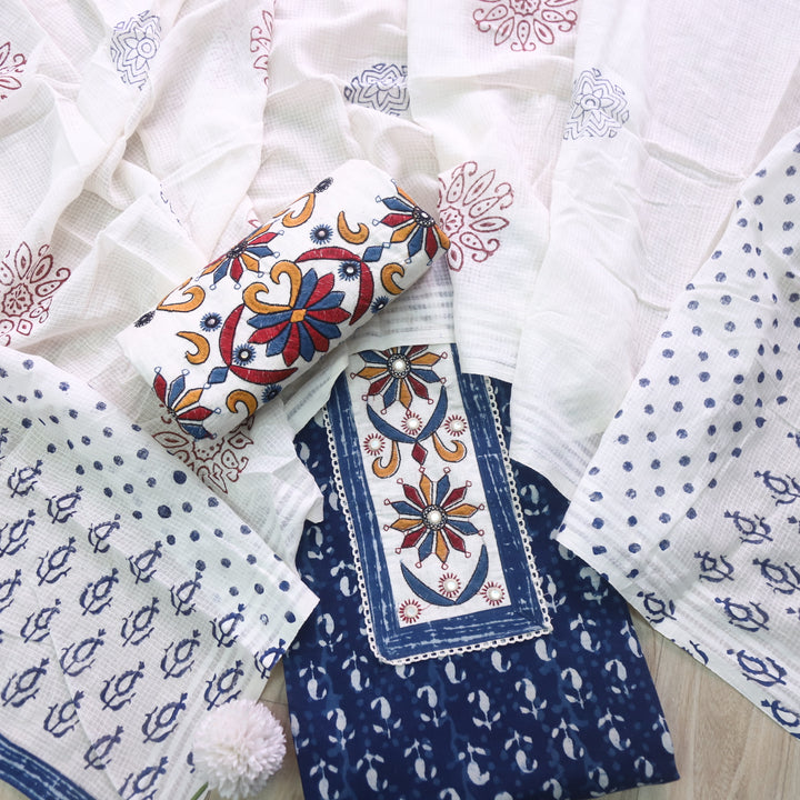 Udarri Indigo Blue Patch Work Dabu Printed Kutch Cotton Suit Set D5