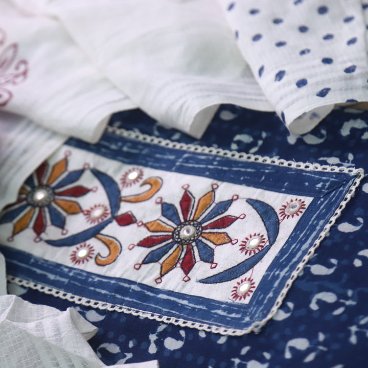 Udarri Indigo Blue Patch Work Dabu Printed Kutch Cotton Suit Set D5