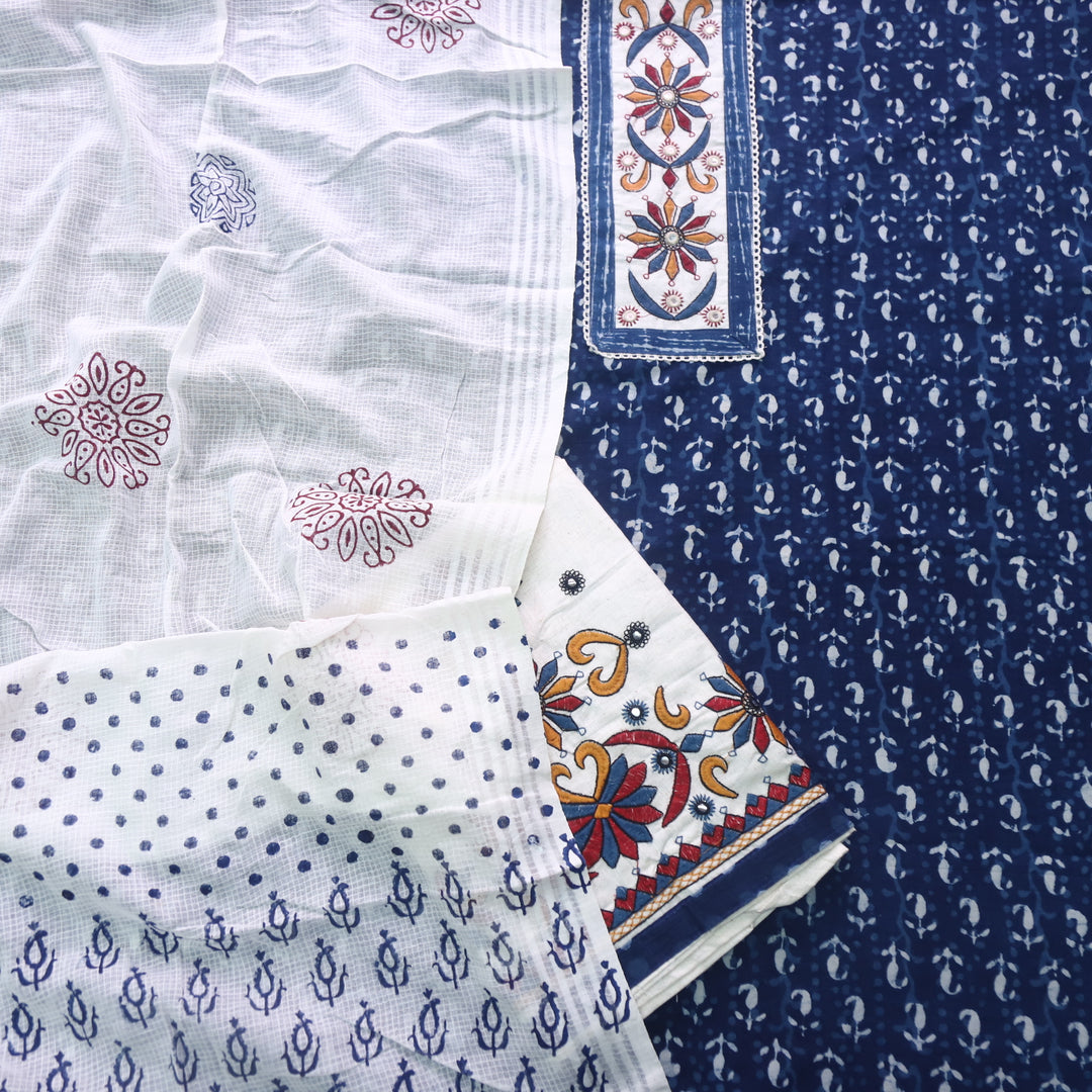 Udarri Indigo Blue Patch Work Dabu Printed Kutch Cotton Suit Set D5