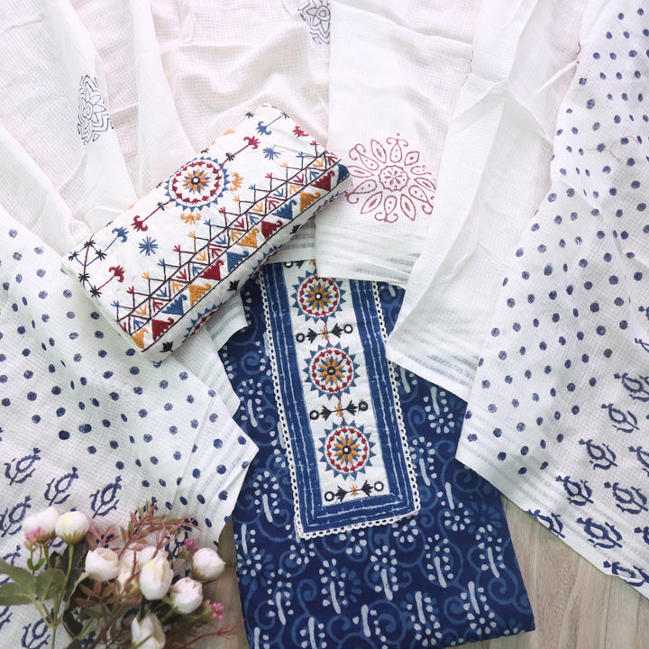 Udarri Indigo Blue Patch Work Dabu Printed Kutch Cotton Suit Set-D6