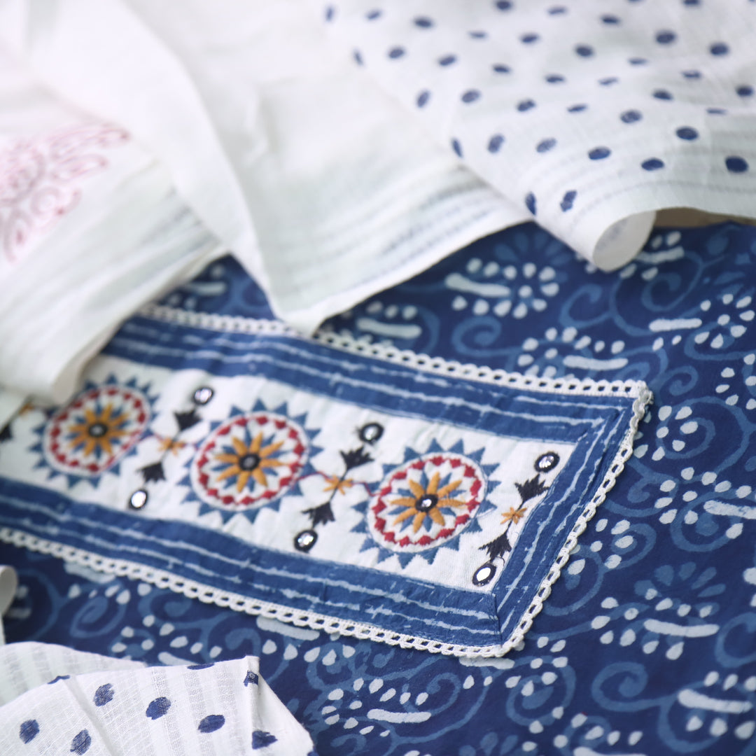 Udarri Indigo Blue Patch Work Dabu Printed Kutch Cotton Suit Set-D6