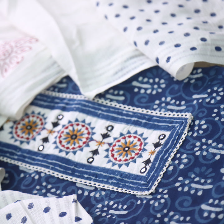 Udarri Indigo Blue Patch Work Dabu Printed Kutch Cotton Suit Set-D6