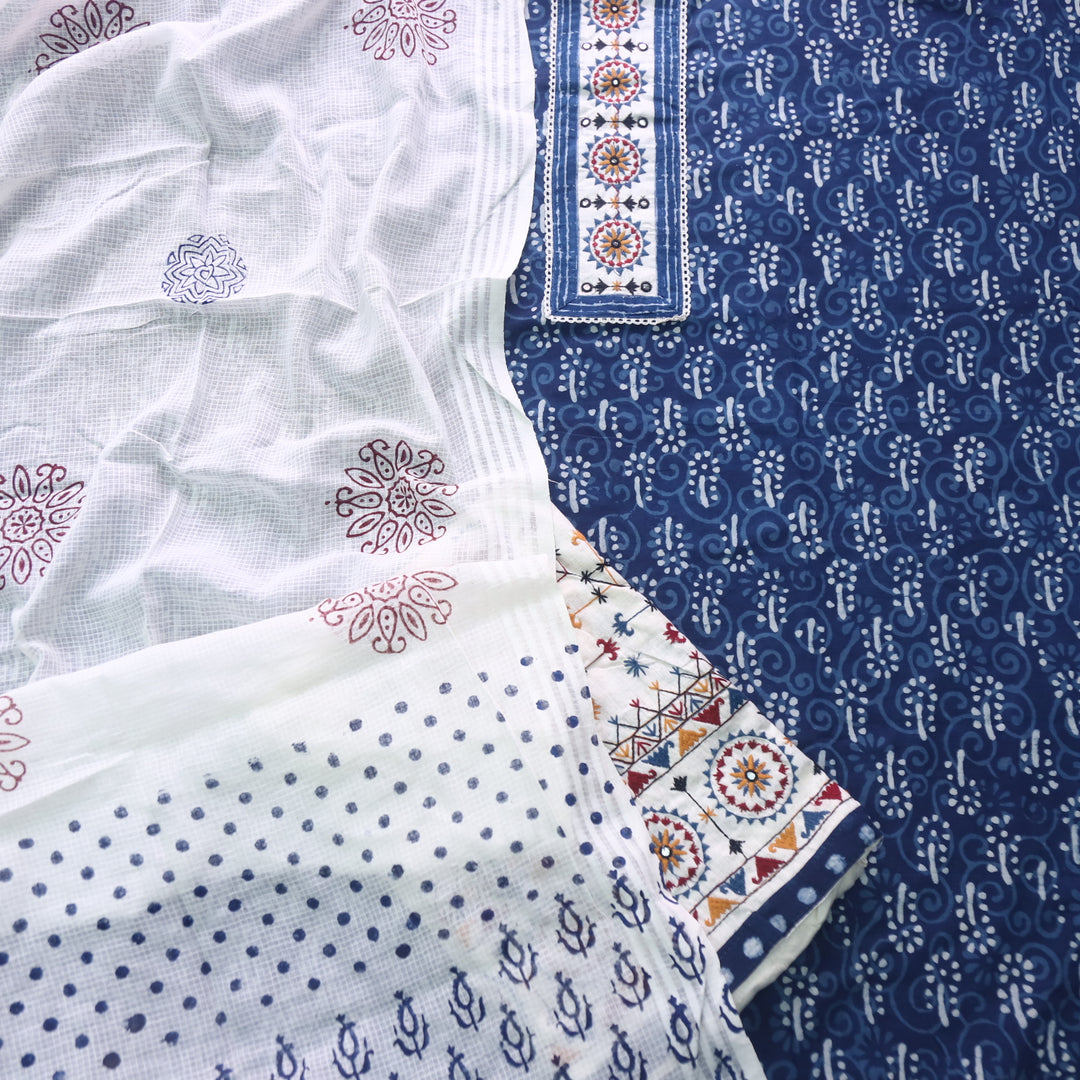 Udarri Indigo Blue Patch Work Dabu Printed Kutch Cotton Suit Set-D6