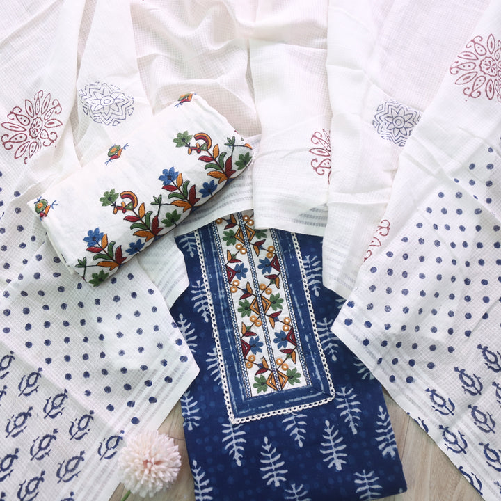 Udarri Indigo Blue Patch Work Dabu Printed Kutch Cotton Suit Set D1