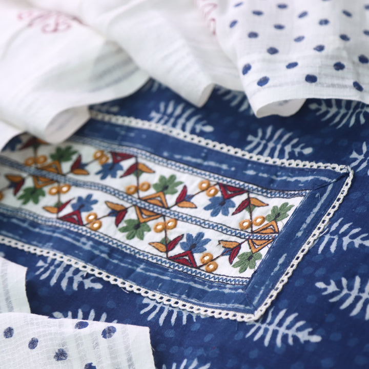 Udarri Indigo Blue Patch Work Dabu Printed Kutch Cotton Suit Set D1