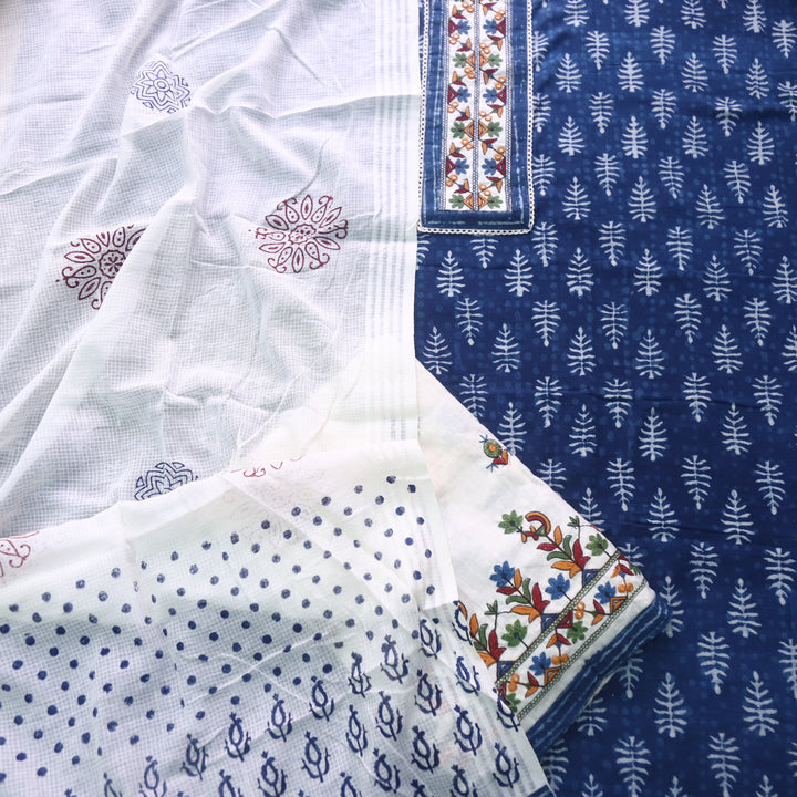 Udarri Indigo Blue Patch Work Dabu Printed Kutch Cotton Suit Set D1