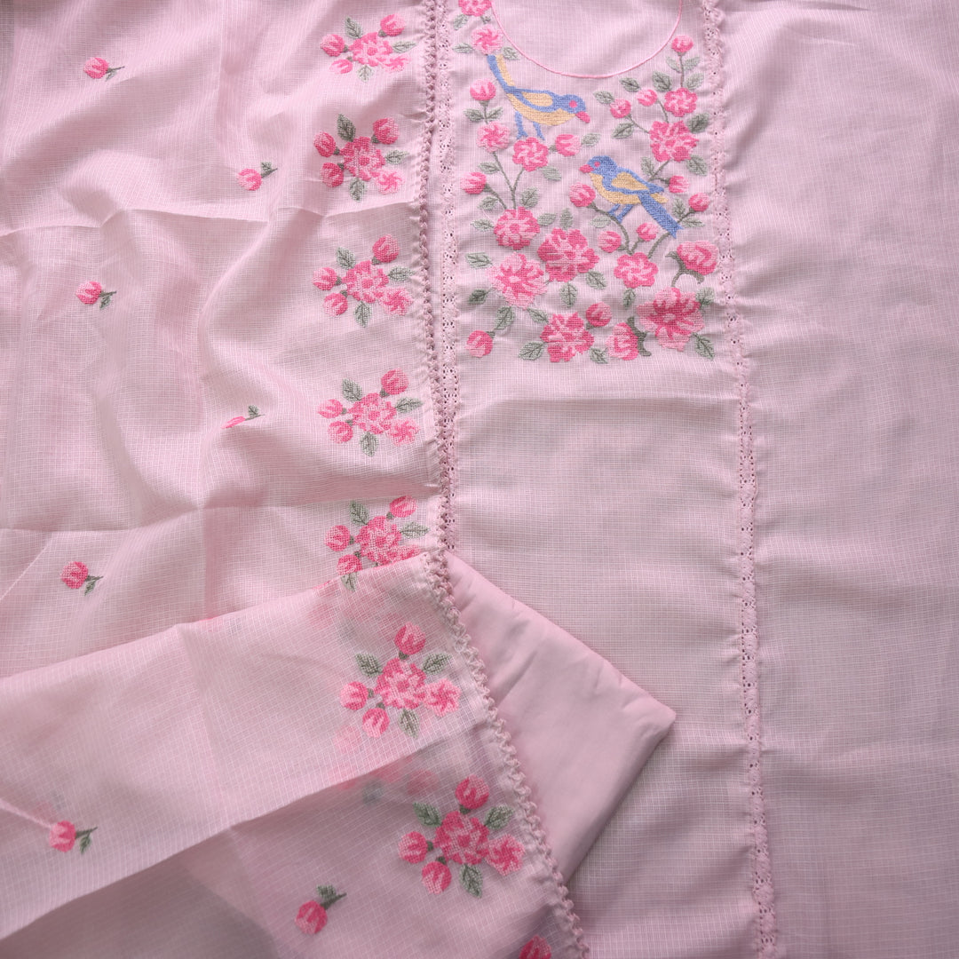 Subhangi Light Peach Cross-Stitch Bird Embroidered Neck Kota Doriya Suit Set