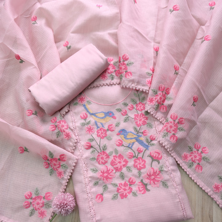 Subhangi Light Peach Cross-Stitch Bird Embroidered Neck Kota Doriya Suit Set