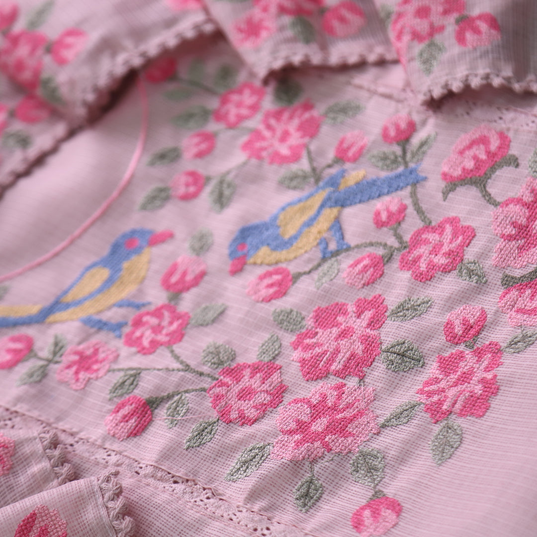 Subhangi Light Peach Cross-Stitch Bird Embroidered Neck Kota Doriya Suit Set