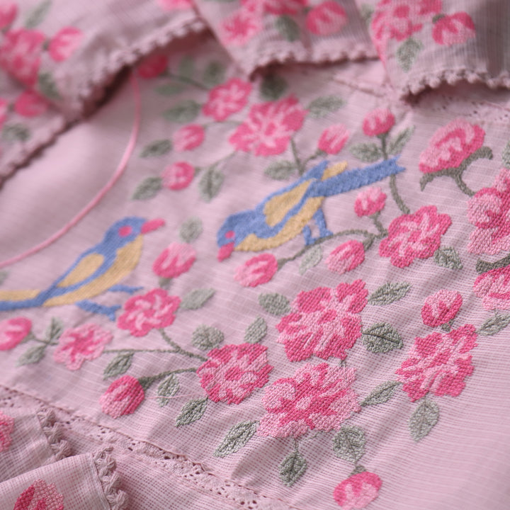 Subhangi Light Peach Cross-Stitch Bird Embroidered Neck Kota Doriya Suit Set