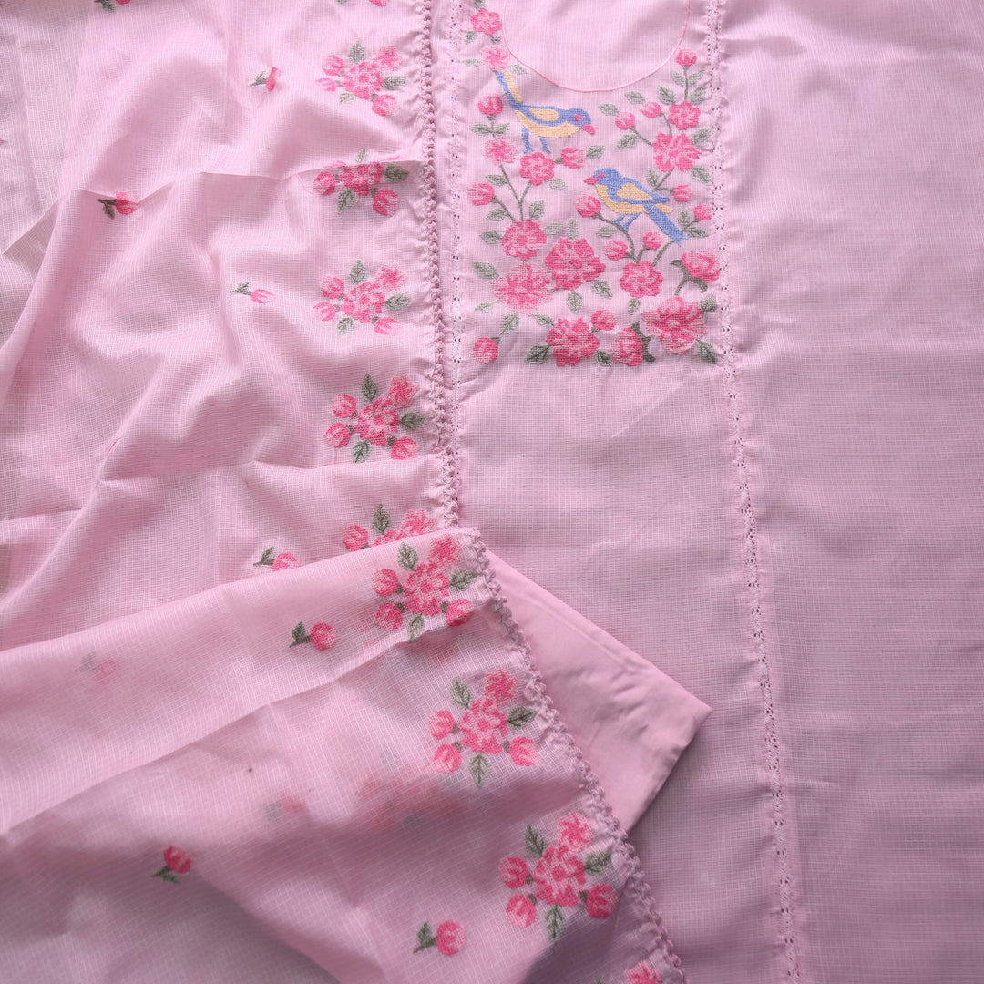 Subhangi Pink Cross-Stitch Bird Embroidered Neck Kota Doriya Suit Se
