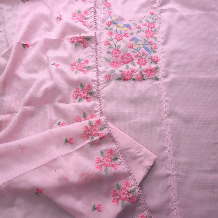 Subhangi Pink Cross-Stitch Bird Embroidered Neck Kota Doriya Suit Se