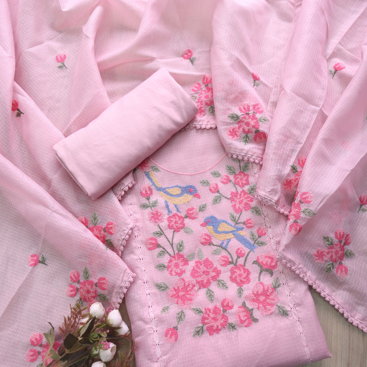 Subhangi Pink Cross-Stitch Bird Embroidered Neck Kota Doriya Suit Se