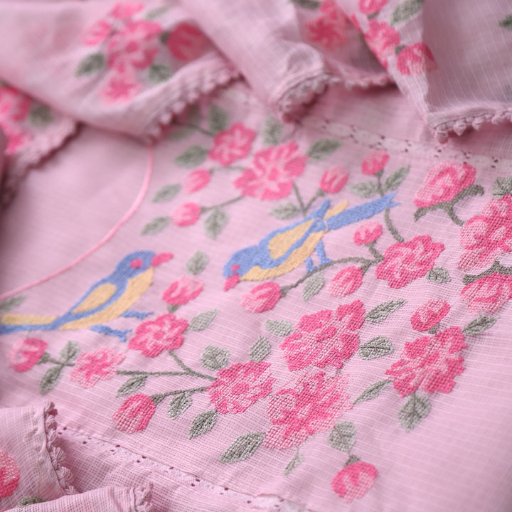 Subhangi Pink Cross-Stitch Bird Embroidered Neck Kota Doriya Suit Se