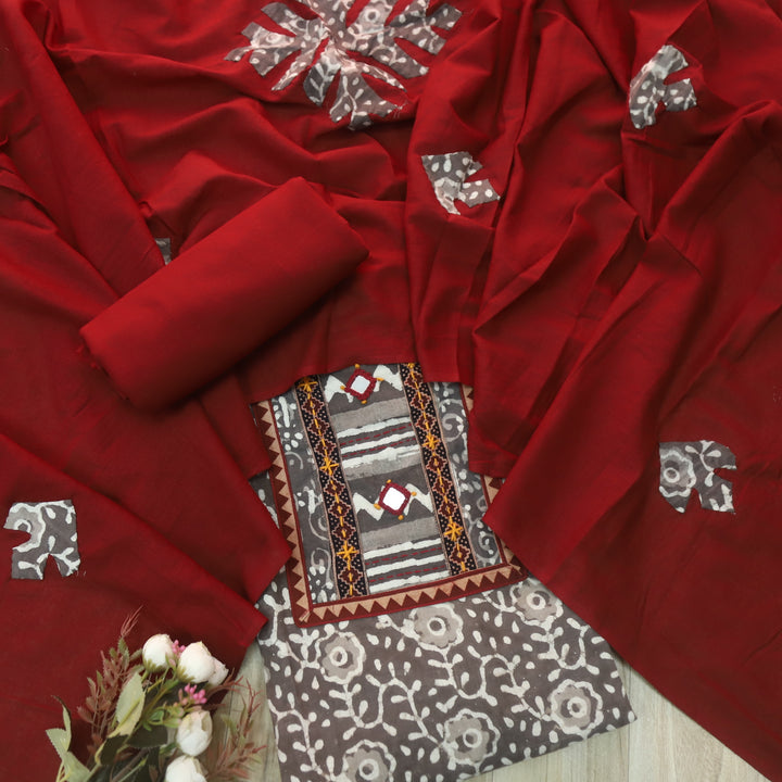 Khairiyat Latte Brown Angrakha Kutch Neck Work Cotton Suit Set D2