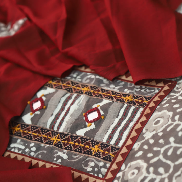 Khairiyat Latte Brown Angrakha Kutch Neck Work Cotton Suit Set D2