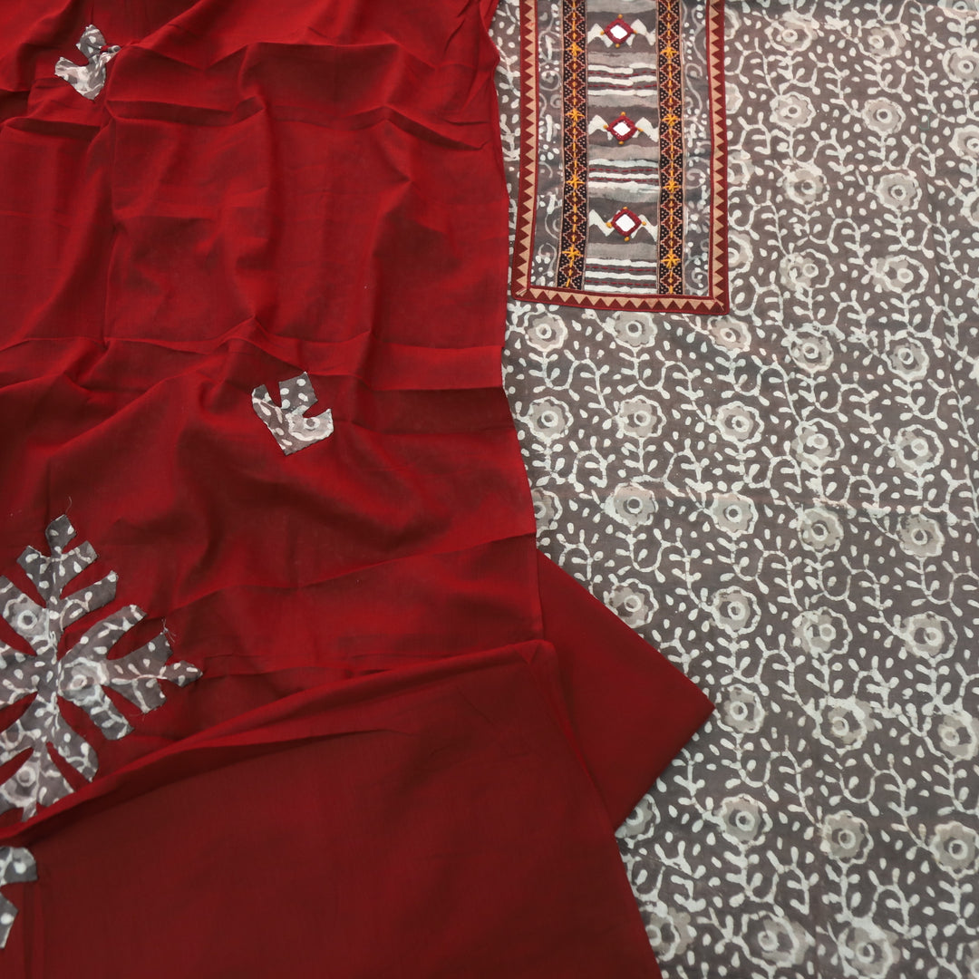 Khairiyat Latte Brown Angrakha Kutch Neck Work Cotton Suit Set D2