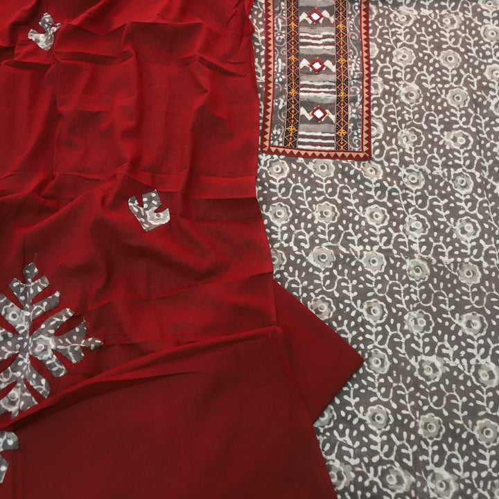 Khairiyat Latte Brown Angrakha Kutch Neck Work Cotton Suit Set D2