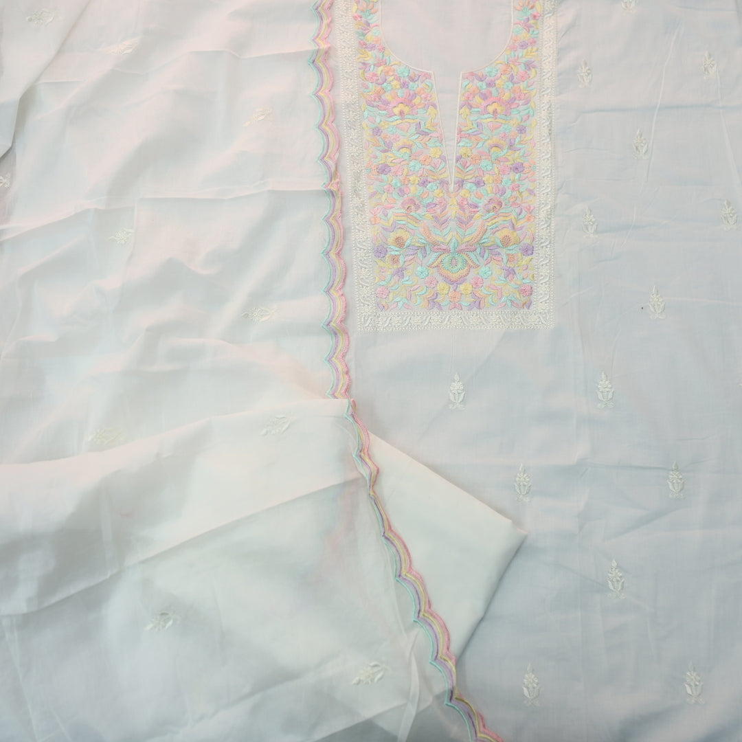 Udaari Cream White Thread Embriodered Neck Work Cotton Suit Set