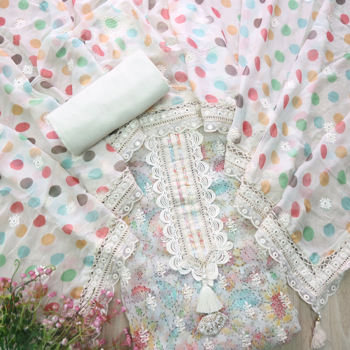 Lahori Ivory Pearl Floral Printed Embroidered Lace Patch Chiffon Suit Set