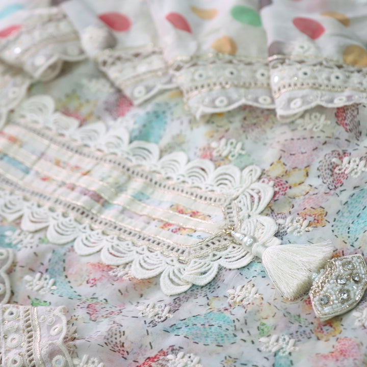 Lahori Ivory Pearl Floral Printed Embroidered Lace Patch Chiffon Suit Set
